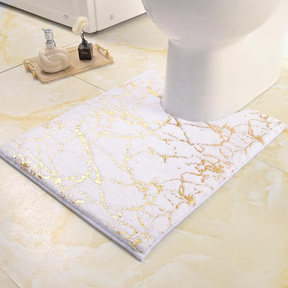 QJHOMO Toilet Rugs U Shaped White and Gold Bathroom Rugs, Gold Decor Toilet Mat Contour Bath Rug Marble Bathroom Accessories, Extra Thick Carpet Non Slip Floor Mats Machine Washable (20x24 inch)