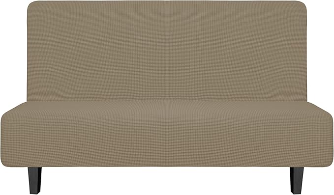 Easy-Going Stretch Futon Slipcover Armless Futon Bed Cover Furniture Protector Without Armrests with Elastic Bottom for Kids, Soft Jacquard Fabric Small Checks (Medium, Natural)