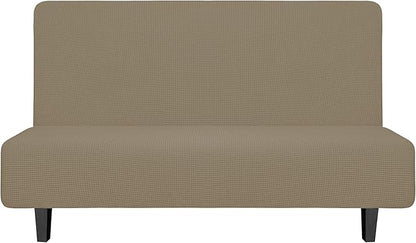Easy-Going Stretch Futon Slipcover Armless Futon Bed Cover Furniture Protector Without Armrests with Elastic Bottom for Kids, Soft Jacquard Fabric Small Checks (Medium, Natural)