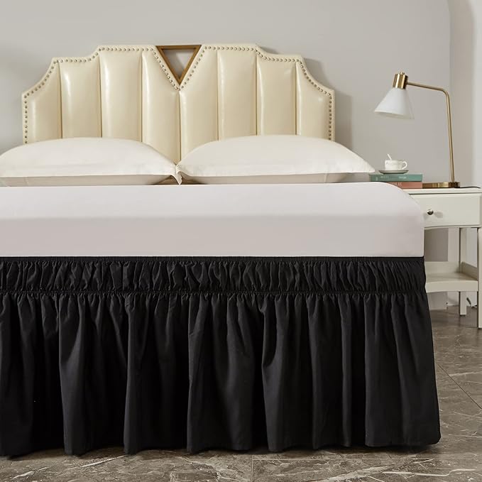 MEILA Wrap Around Bed Skirt Three Fabric Sides Elastic Dust Ruffled 14 Inch Tailored Drop,Easy to Install Fade Resistant-Black, Queen/King