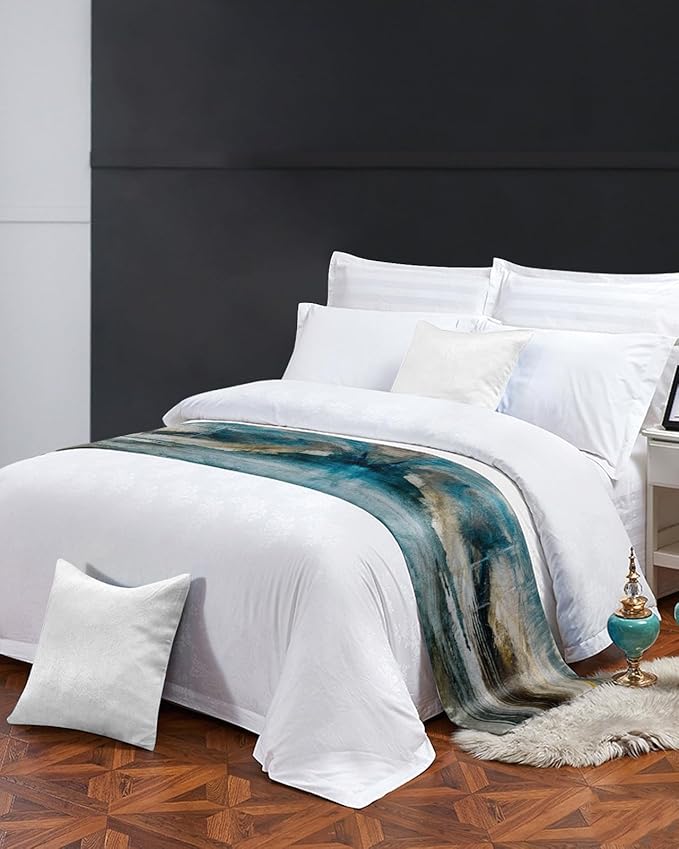 Abstract Mottled Turquoise Green Gray Art Bed Runners for Bedroom Hotel,Decorative Bedding Scarf Retro Painting Bed End Blanket Bedding Runner Scarves for King Size Bed,102x20in