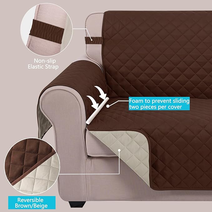 U-NICE HOME Loveseat Sofa Cover Reversible Couch Covers for 2 Cushion Couch for Dogs Furniture Protector Cover with Elastic Straps Water Resistant(Loveseat Small, Brown/Beige)