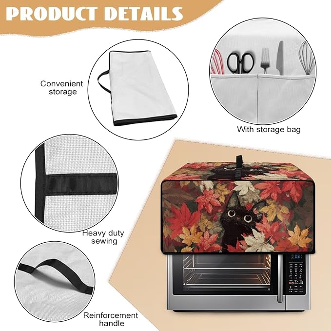 Cat Maple Leaf Print Toaster Oven Dust Cover with Storage Pockets Autumn Decor Dust-Proof Kitchen Appliance Protector for Small Appliances Convection Ovens Fall Decor, S