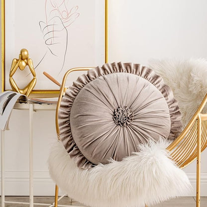 S SSOY Velvet Round Pillow - Ruffle Home Decoration Cushion for Sofa, Chair, Bed, Window, Floor - 13.7in