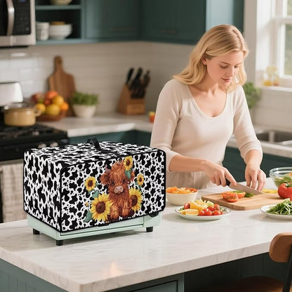 Microwave Oven Cover with Storage Pockets Waterproof Toaster Oven Dust Cover Universal Kitchen Appliance Protector, Cartoon Highland Cattle Sunflower Cow Print, M