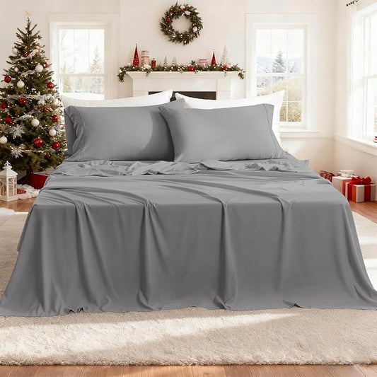 Full Sheet Set - 4 Piece Silky Soft Breathable Bed Sheet & Pillowcase Set, 16" Deep Pocket Hotel Luxury Wrinkle Free Easy Care Bedding Sheets, Light Grey