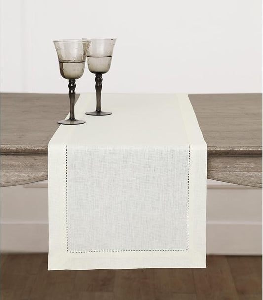 Solino Home Linen Ivory Table Runner 132 Inches Long - 100% Pure Linen Extra Long Table Runner 14 x 132 Inch for Christmas, New Year - Classic Hemstitch