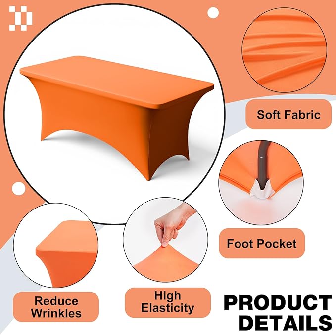 Trlyc 1 Pack 6FT Spandex Table Cloth - 72 x 30 Inch Rectangular Stretch Tablecloth, Wrinkle Resistant Scretch Table Cover for Wedding, Party, Banquet, Picnic, Outdoor Decoration (1Pcs,Orange)
