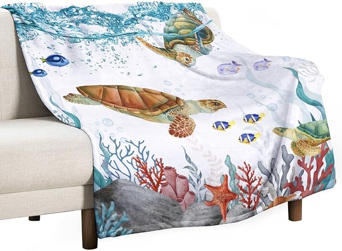 Sea Turtle Throw Blanket, Teal Blue Ocean Underwater Animal Starfish Fish Nautical Coastal Theme Fleece Flannel Blanket for Couch Sofa Bedroom Adults Kids, 50"x60"