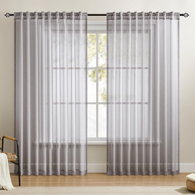 Dreaming Casa Grey Sheer Curtains 84 Inches Long, Rod Pocket & Back Tab Light Filtering Textured Sheers for Living Room Bedroom, 2 Panels, Each 100" W x 84" L