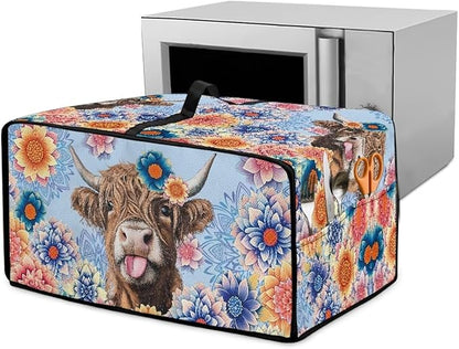 Microwave Oven Cover Heavy Duty Microwave Oven Dust Cover with Storage Pockets Dust-Proof Reusable Decor Accessories for Kitchen, Highland Cattle Boho Mandala Floral Print, M