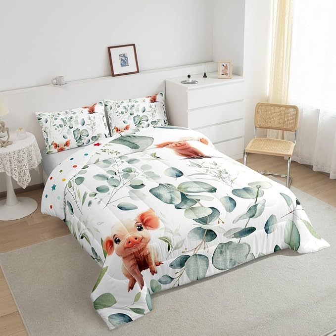 Erosebridal Kawaii Pig Toddler Size Comforter Set for Boys Girls Cartoon Animal Bedding Set, Eucalyptus Leaves Down Comforter Farm Wildlife Bed Set, Tropical Botanical Plants Quilted Duvet