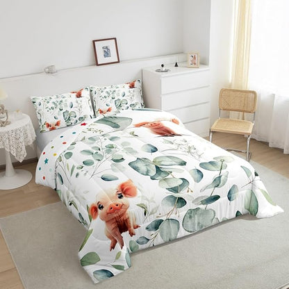 Erosebridal Kawaii Pig Toddler Size Comforter Set for Boys Girls Cartoon Animal Bedding Set, Eucalyptus Leaves Down Comforter Farm Wildlife Bed Set, Tropical Botanical Plants Quilted Duvet