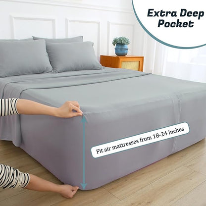 Extra Deep Pocket Full Sheet Set for Air Mattress, 6 Piece Air Bed Sheets Set with 18-24 Inches Depth, Soft & Breathable Inflatable Bed Sheet Set with Flat Sheet, Fitted Sheet and Pillowcases, Grey