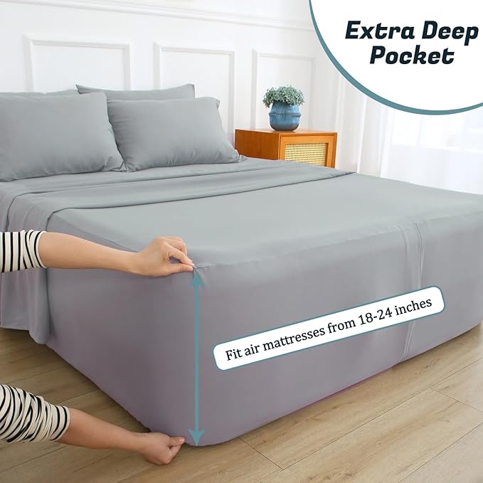 Extra Deep Pocket Twin Sheet Set for Air Mattress, 3 Piece Air Bed Sheets Set with 18-24 Inches Depth, Soft & Breathable Inflatable Bed Sheet Set with Flat Sheet, Fitted Sheet and Pillowcase, Grey