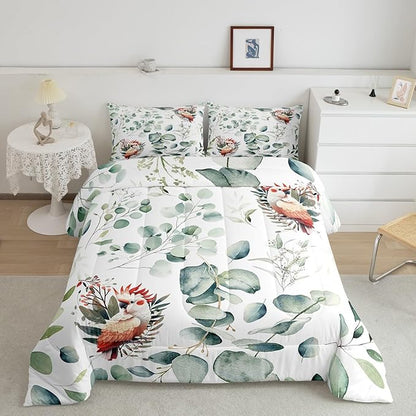 Erosebridal Cartoon Animal Toddler Size Comforter Set for Kids Toddler Kawaii Parrot Bedding Set, Wild Bird Down Comforter Cute Wildlife Bed Set, Botanical Green Eucalyptus Quilted Duvet