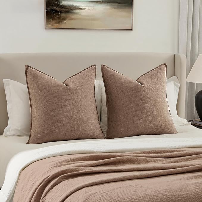 MIULEE 24x24 Decorative Euro Sham Pillow Covers, 2 Pack Large Boho Farmhouse Neutral Throw Pillows for Bed, Thick Textured Modern Linen Cushion Cases Couch Sofa Living Room Home Decor, Coco Brown