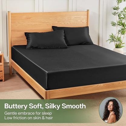 MR&HM Queen Fitted Sheet Only, Ultra-Soft Rayon Derived from Bamboo & Polyester Blend, Silky & Breathable, 15" Deep Pocket with Elastic Straps, Cooling Fitted Sheet for Hot Sleepers, Black