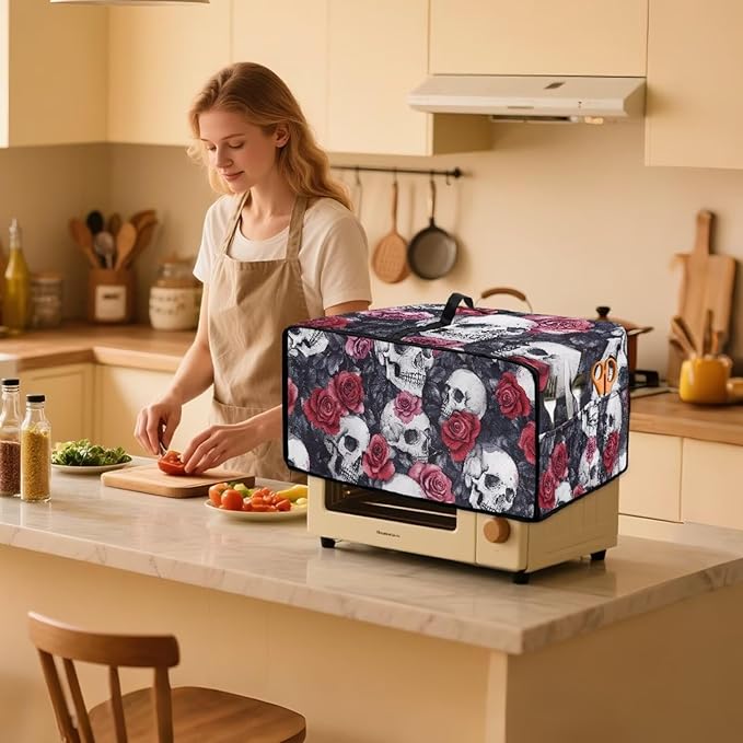Skull Red Rose Print Microwave Oven Dust Cover Toaster Oven Cover with Top Handle Dust-Proof Kitchen Appliance Protector Dirt and Fingerprint Protection, M
