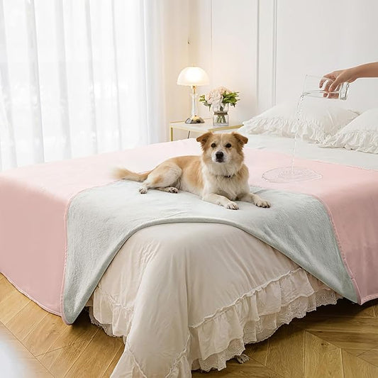 Waterproof Blanket for Bed King Size, Leak Proof Dog Couch Blankets Reversible, Pet Throw Sofa Furniture Protector Machine Washable-82 x108,Pink+Cream