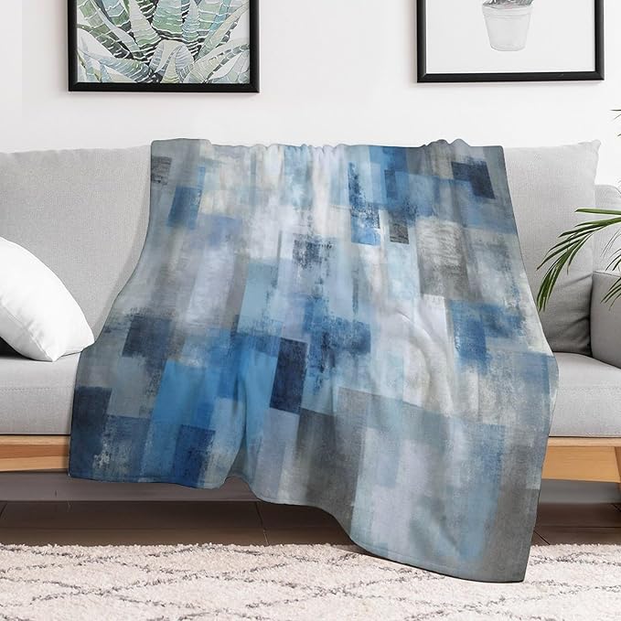Fashion Gradient Blanket, Modern Art Abstract Blue Grey Check Painting Strokes Pattern Soft Warm Cozy Plush Flannel Covers for Livingroom Bedroom Couch Chair Camping Travel Home Decor Tapestry 40x50in