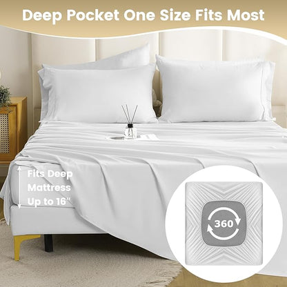 California King Sheet Sets-4 Pcs Silky Soft Breathable Bed Sheet Set,16" Deep Pocket for Mattress,Hotel Luxury Clearance full size sheet sets,Wrinkle Free,Easy Care Cooling Bedding Sheets （White）