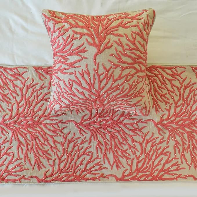 The HomeCentric King/Queen/Twin Coral, Peach & Pink Designer Queen 74"x18" Bed Runner with 2 Pillow Cover, Coral, Pearl Embroidery, Under The Sea & Beach Theme on Linen Fabric - Coraline Pearls