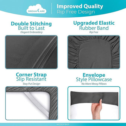 DREAMCARE Twin XL Sheet Sets – 3pcs Cooling Sheets – up to 15” Deep Pocket Twin XL Sheets Set – Hotel Luxury Sheets & Pillowcases – Superior Softness 100% Fine Microfiber with Side Pocket – Dark Gray