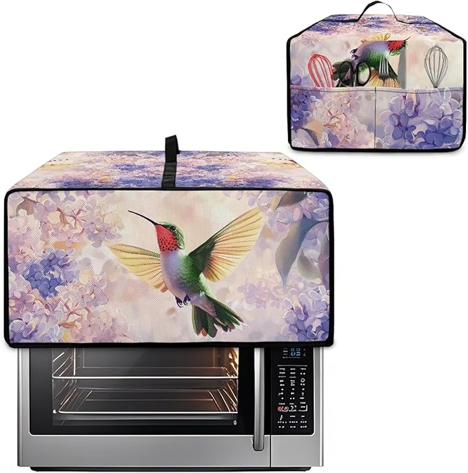 Hummingbird Hydrangea Floral Print Dust Cover for Microwave Oven Waterproof Heavy Duty Microwave Oven Cloth Cover with Storage Pockets Kitchen Appliance Protector, S