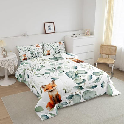 Erosebridal Girls Cartoon Animal Bedding King Size for Kids Toddler Kawaii Fox Comforter Set King, Woodland Wildlife Duvet Insert Jungle Wild Fox Quilt Set, Green Eucalyptus Bedding Comforters & Sets