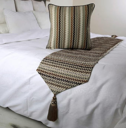 The HomeCentric Decorative Designer Handmade Bed Runner with 2 Decorative Throw Pillow Cover, 53 x 18 Inch Velvet Designer Twin Size Bed Scarf with Tassle & Bead Embroidered Bed Linen - Chevron Fun