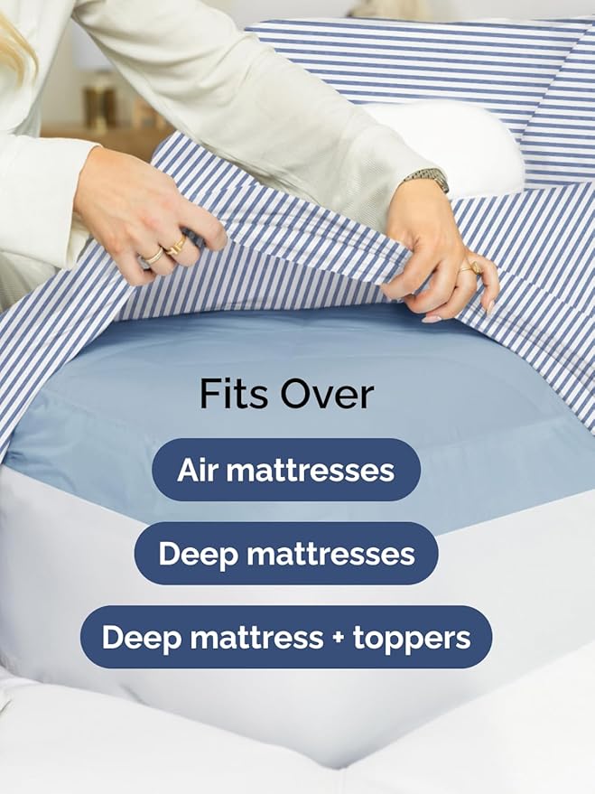 Extra Deep Twin XL Fitted Sheet - Hotel Luxury Single Fitted Sheet Only - Easily Fits 18 inch to 24 inch Mattress - Ultra Soft, Wrinkle Free w/Extra Deep Pockets - Breathable & Comfy - Blue Stripes
