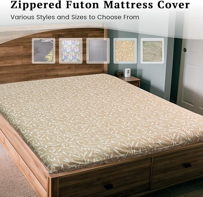 ZonLi Futon Mattress Cover Queen Size for Traditional Japanese Floor Futon Mattress with Zipper,Tatami Floor Sleeping Mat Cover,Super Soft and Machine Washable (64‘’x84‘’, Beige Leaves)