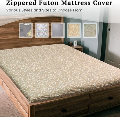 ZonLi Futon Mattress Cover Queen Size for Traditional Japanese Floor Futon Mattress with Zipper,Tatami Floor Sleeping Mat Cover,Super Soft and Machine Washable (64‘’x84‘’, Beige Leaves)