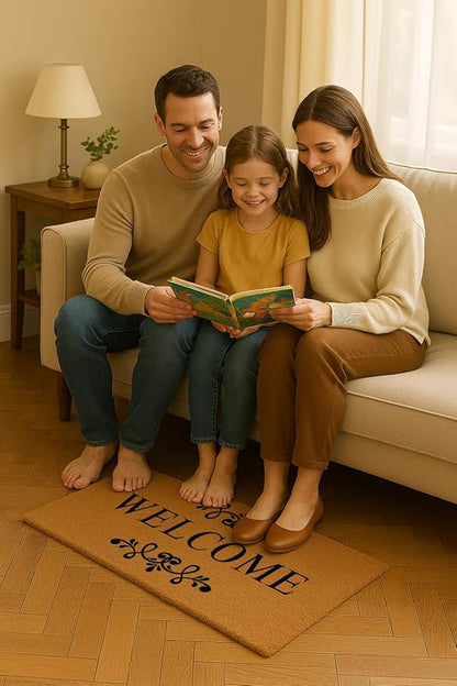 Coir Door Mats 17" X 30", Non-Slip Sturdy, PVC Backed Heavy Duty, Easy to Clean, Ideal for Door Entrance, Patio, Porch, Backyard, Garages, Welcome Floral Border