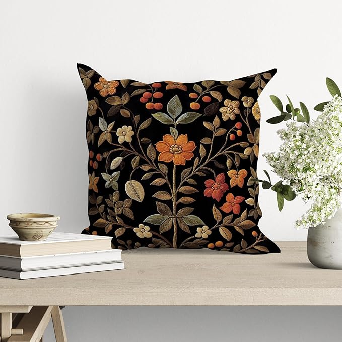 William Morris Abstract Vintage Print Floral Velvet Design Throw Pillow Covers Home Decor, Retro Art Deco Pillowcase Cushion Cover for Bed Sofa Living Room, Square 18x18inch (Black-Floral)