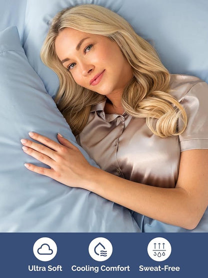 Extra Deep Pocket Queen Sheet Set - 4 Piece Breathable & Cooling Bed Sheets - Hotel Luxury Sheet Set - Soft, Wrinkle Free and Comfy - Easily Fits Extra Deep Mattresses - Deep Pocket Sky Blue Sheets