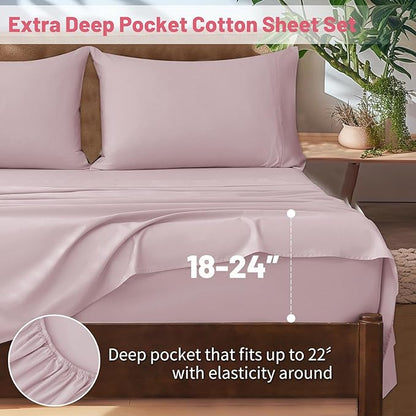 Extra Deep Pocket Queen Sheets 18-24 Inch 100% Egyptian Cotton 1000 Thread Count Sateen Weave Soft Breathable 4 Pieces（Queen,Light Pink）
