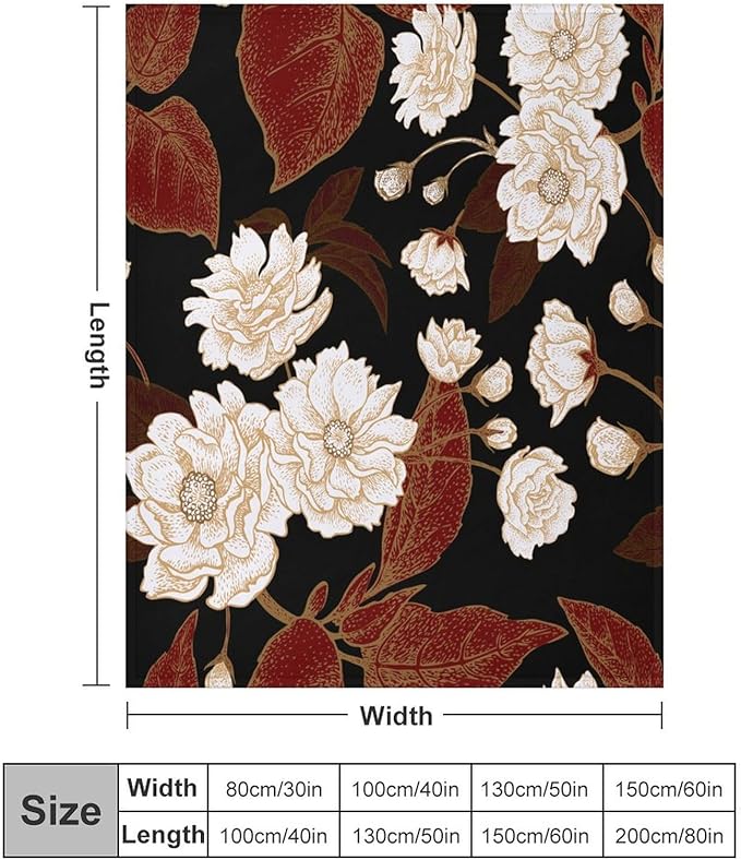 Red Gold Floral Blanket, Boho Dark Flower Leaves Chinese Plum Blossoms Botanical Vintage Throw Blanket for Bed Living Room Bedding Couch Soft Lightweight Warm Cozy Decor, 50"x60"