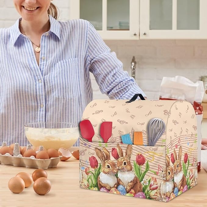 Generic Cute Rabbit Stand Mixer Cover for Easter Decor, Kitchen Dust Cover, 6-8 Quart, Lightweight, Waterproof, Polyester, Drawstring Closure, Top Handle, Pockets for Accessories