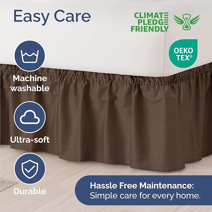 Wrap Around Dust Ruffle Bed Skirt - Brown - Twin/Twin XL Size Beds with 12 Inch Drop - Easy Fit Elastic Strap - Adjustable Pleated Bedskirt w/Brushed Fabric - Wrinkle Free - Women, Men, Kids & Teens