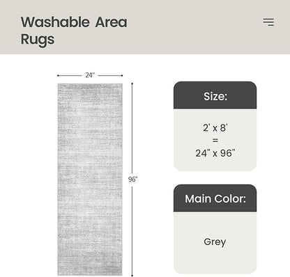 Valenrug Washable Rugs 2x8 - Stain Resistant 2x8 Area Rugs for Living Room, Non Slip Backing Large Area Rugs for Bedroom, Folable Machine Washable Area Rug (2'x8', Grey)