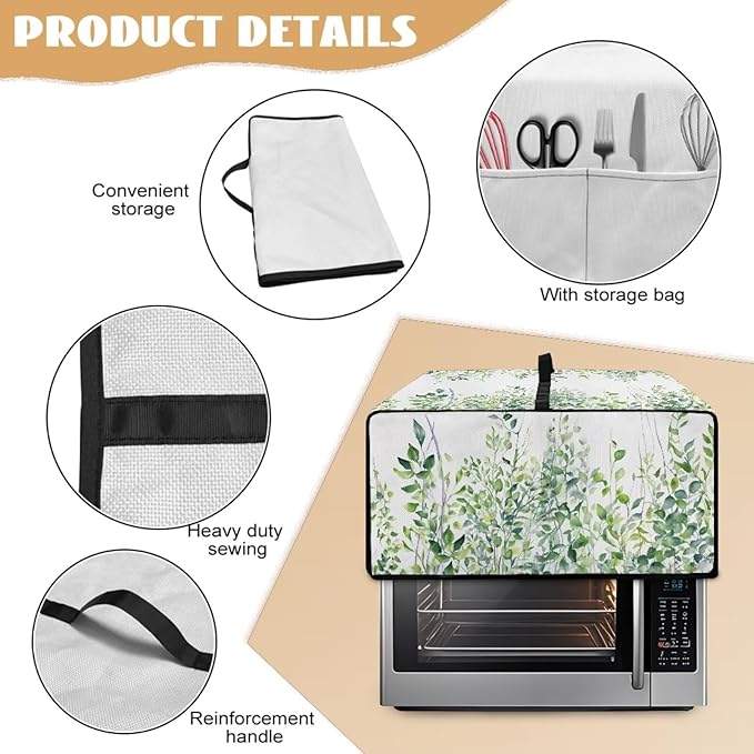 Toaster Oven Dust Cover with Storage Pockets, Dust-Proof Kitchen Appliance Protector for Small Appliances Convection Ovens, M, 16.5 x 20.5 x 10 Inches, Green Leaf White