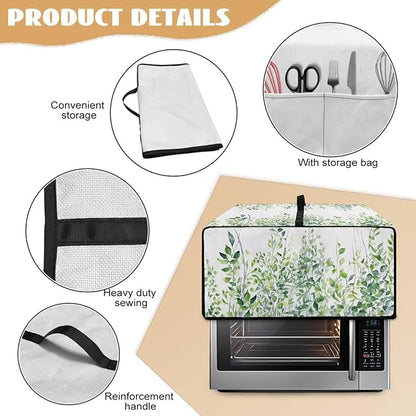Toaster Oven Dust Cover with Storage Pockets, Dust-Proof Kitchen Appliance Protector for Small Appliances Convection Ovens, M, 16.5 x 20.5 x 10 Inches, Green Leaf White