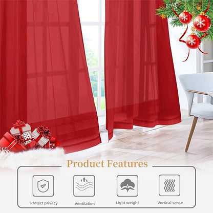 Sheer Curtains 54 Inches Long 2 Panels, Rod Pocket Short Curtain for Kitchen, Bedroom, Cafe Window(Christmas Red 38" W x 54" L)