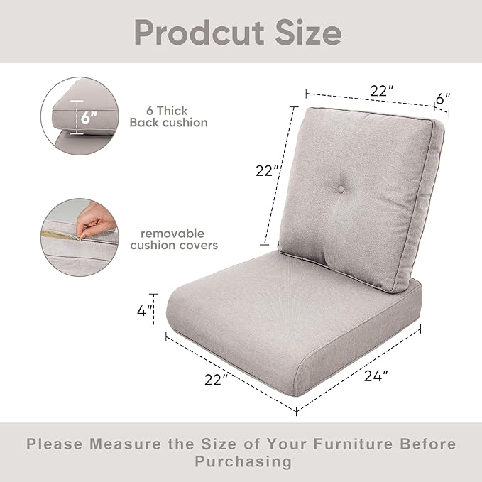 Outdoor Wicker Chair Cushions 2 Packs - Outside High Back Thick Water-Resistant Cushion 22x24 with Zipper Cover for Patio Glider Rocking Chairs Loveseat Couch – Beige/Buckle