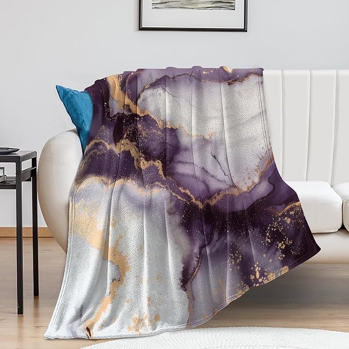 Modern Marble Blanket, Abstract Luxury Baroque Golden Purple White Stone Veins Pattern Soft Warm Cozy Plush Flannel Covers for Livingroom Bedroom Couch Chair Camping Travel Home Decor Tapestry 40x50in