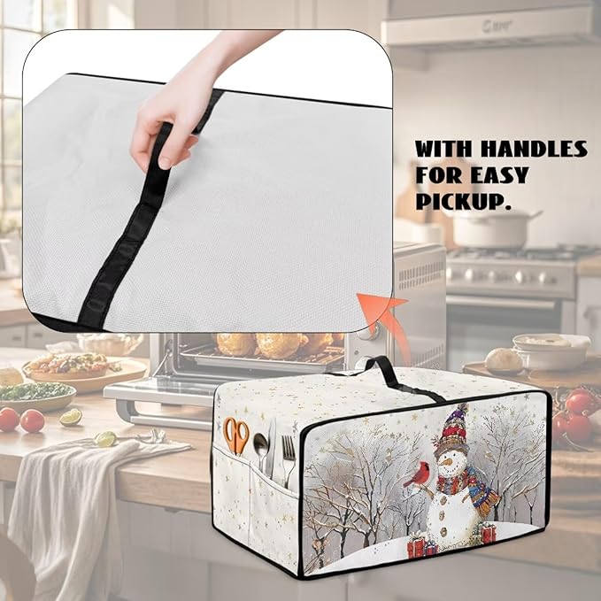 Christmas Air Fryer Toaster Oven Dust Cover Dustproof Convection Oven Cover with Pockets for Small Kitchen Appliances, L, 18.5 x 22.5 x 13 Inches, Snowman Cardinal Bird Tree Star White