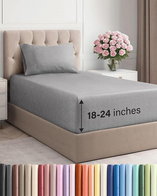 Extra Deep Pocket Twin XL Sheets - 3 Piece Breathable & Cooling Bed Sheets - Hotel Luxury Bed Sheet Set - Soft, Wrinkle Free & Comfy - Easily Fits Extra Deep Mattresses - Heathered Grey Sheets Set