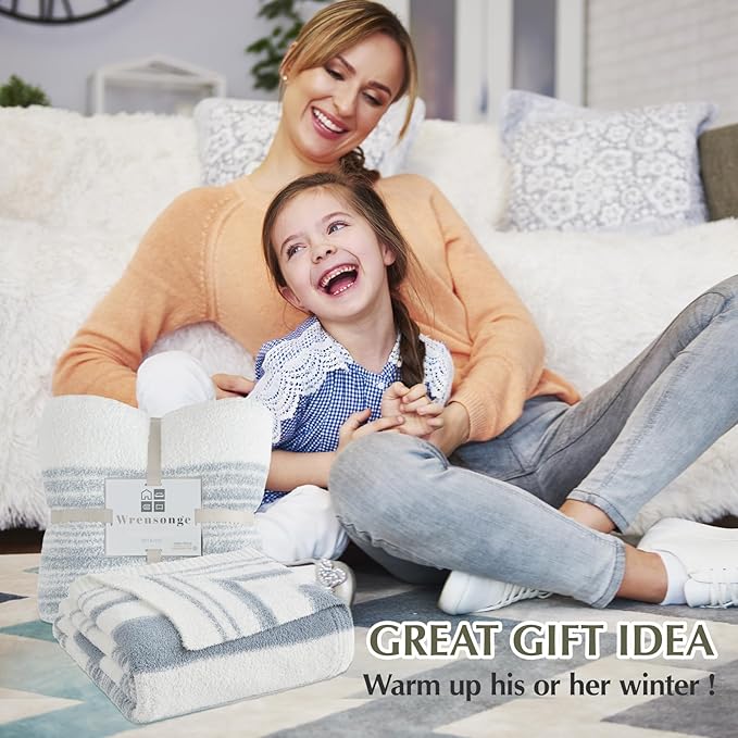 WRENGONGE Grey Blue Throw Blanket, 60x80 Soft Cozy Striped Throw Blankets for Couch, Sofa, Bed, Travel, Lightweight Fluffy Warm Plush Decorative Blankets for Women, Men,Kids Gift